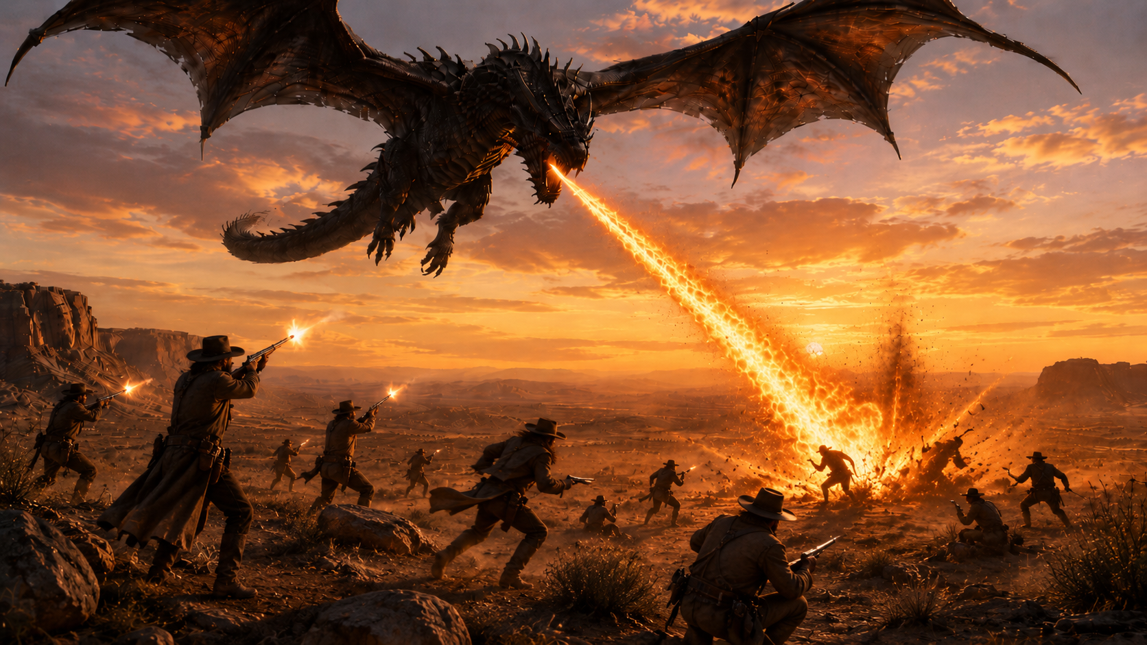 Cowboys kämpfen gegen einen Drachen
